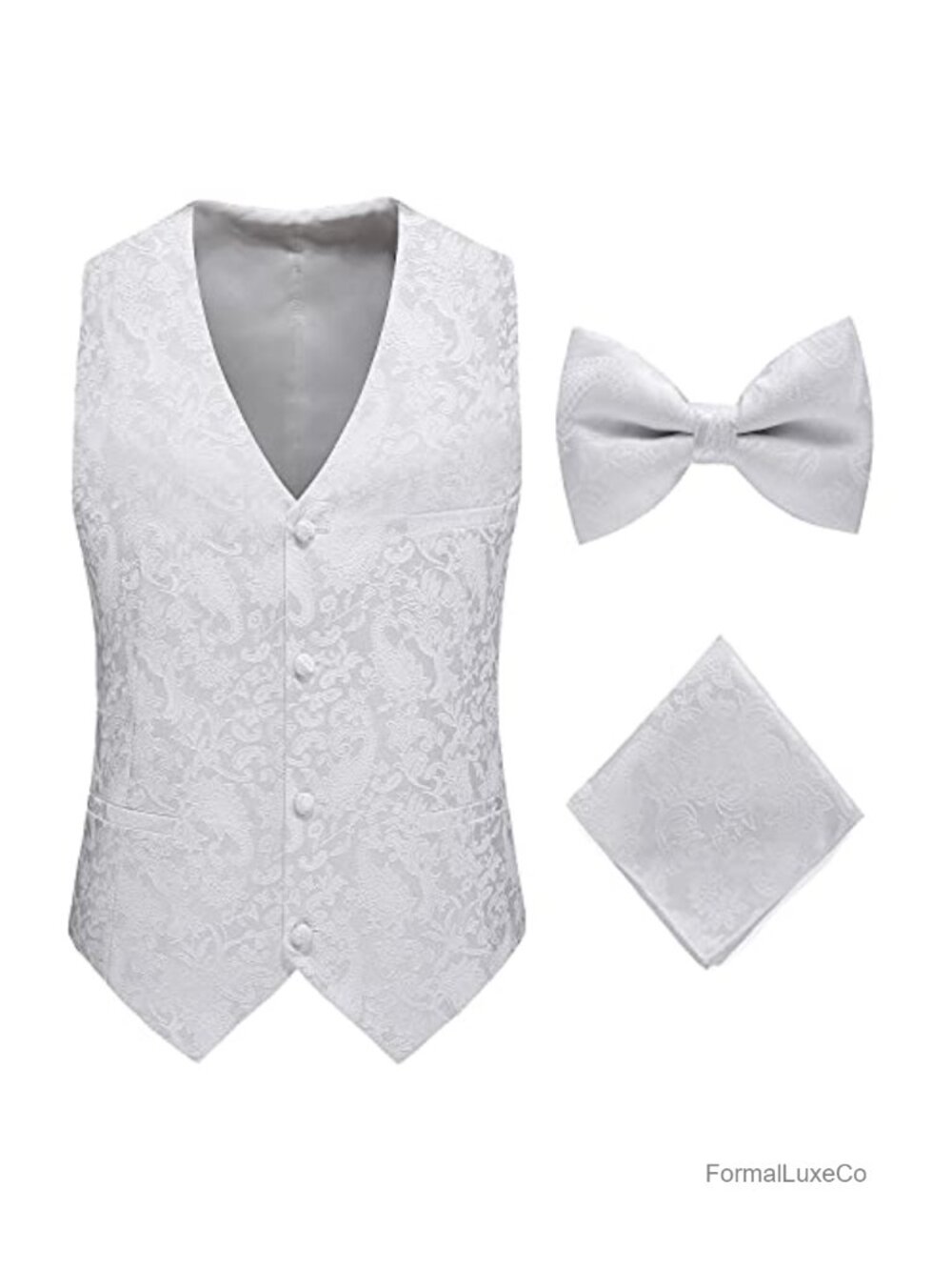 Mens Paisley Jacquard Formal Vest Slim Fit Tuxedo Waistcoat with Bow Tie